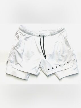 Battle Men’s 2-in-1 Running Shorts White Compression Liner Zip Pocket A/M